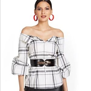 New York & Co. Plaid Poplin Off The Shoulder Blouse XXL